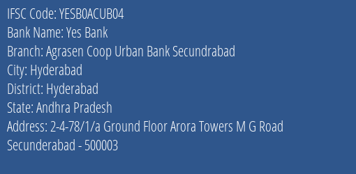 Yes Bank Agrasen Coop Urban Bank Secundrabad Branch Hyderabad IFSC Code YESB0ACUB04