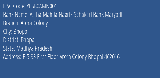 Yes Bank Astha Mahila Nagrik Sahakari Bank Maryadit Branch, Branch Code AMN001 & IFSC Code YESB0AMN001