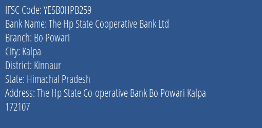 Yes Bank The Hp State Co Op Bank Bo Powari Branch Kalpa IFSC Code YESB0HPB259