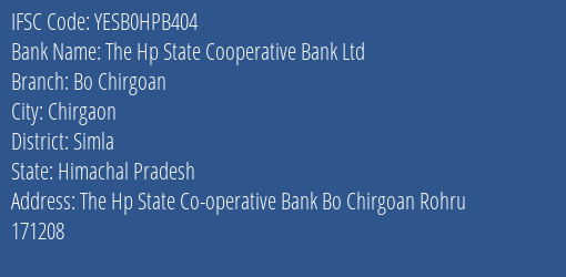 Yes Bank The Hp State Co Op Bank Bo Chirgoan Branch Chirgaon IFSC Code YESB0HPB404