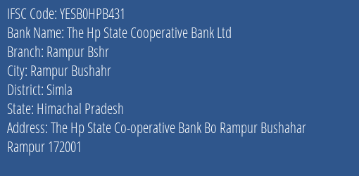 Yes Bank The Hp State Co Op Bank Rampur Bshr Branch Rampur Bushahr IFSC Code YESB0HPB431