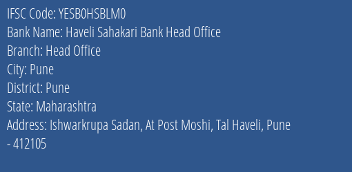Yes Bank Haveli Sahakari Bank Head Office Branch Pune IFSC Code YESB0HSBLM0