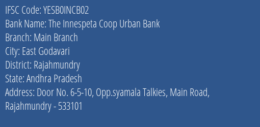 The Innespeta Coop Urban Bank Main Branch Branch, Branch Code INCB02 & IFSC Code YESB0INCB02