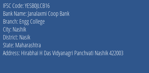 Yes Bank Janalaxmi Coop Bank Engg College Branch, Branch Code JLCB16 & IFSC Code YESB0JLCB16