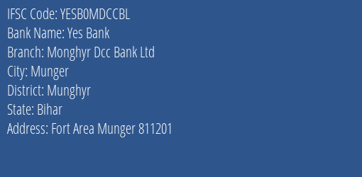 Yes Bank Monghyr Dcc Bank Ltd Branch, Branch Code MDCCBL & IFSC Code YESB0MDCCBL