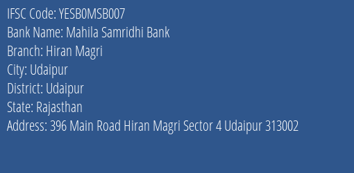 Yes Bank Mahila Samridhi Bank Hiran Magri Branch Udaipur IFSC Code YESB0MSB007