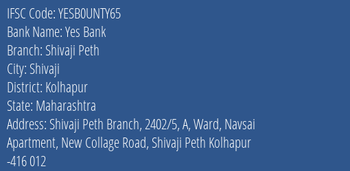 Yes Bank Shivaji Peth Branch, Branch Code UNTY65 & IFSC Code Yesb0unty65