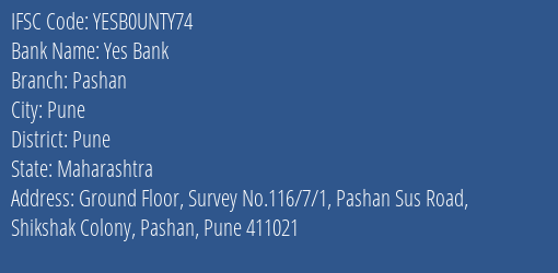 Yes Bank Pashan Branch Pune IFSC Code YESB0UNTY74