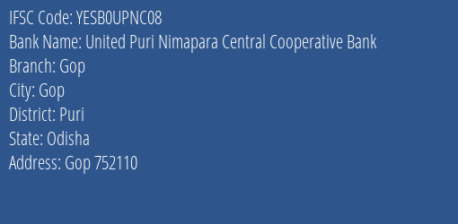 Yes Bank United Puri Nimapara Ccb Gop Branch Gop IFSC Code YESB0UPNC08