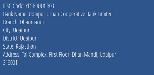 Yes Bank Udaipur Ucb Dhanmandi Branch, Branch Code UUCB03 & IFSC Code YESB0UUCB03