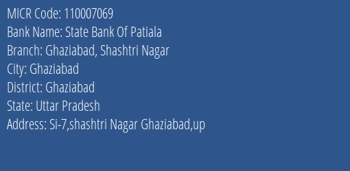 State Bank Of Patiala Ghaziabad Shashtri Nagar MICR Code