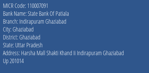 State Bank Of Patiala Indirapuram Ghaziabad MICR Code