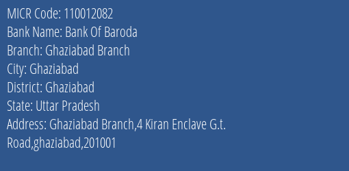 Bank Of Baroda Ghaziabad Branch MICR Code