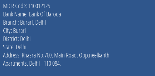 Bank Of Baroda Burari Delhi Branch MICR Code 110012125