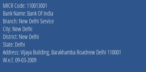 Bank Of India New Delhi Service Branch Address Details and MICR Code 110013001