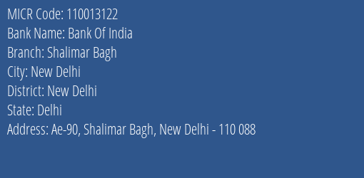 Bank Of India Shalimar Bagh Branch Address Details and MICR Code 110013122