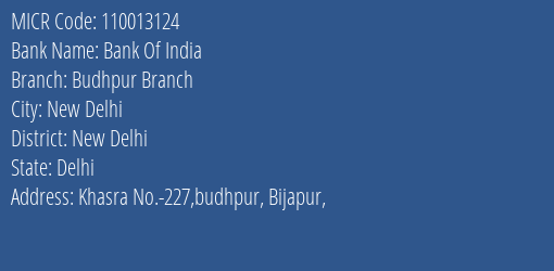 Bank Of India Budhpur Branch Branch Address Details and MICR Code 110013124