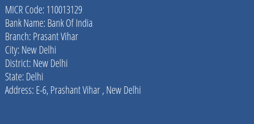 Bank Of India Prasant Vihar Branch Address Details and MICR Code 110013129
