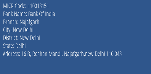 Bank Of India Najafgarh Branch Address Details and MICR Code 110013151
