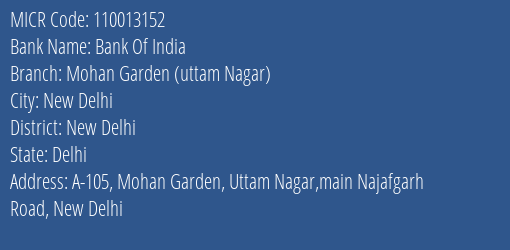 Bank Of India Mohan Garden Uttam Nagar Branch Address Details and MICR Code 110013152