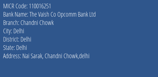 The Vaish Co Opcomm Bank Ltd Chandni Chowk MICR Code
