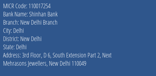 Shinhan Bank New Delhi Branch MICR Code