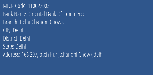 Oriental Bank Of Commerce Delhi Chandni Chowk MICR Code