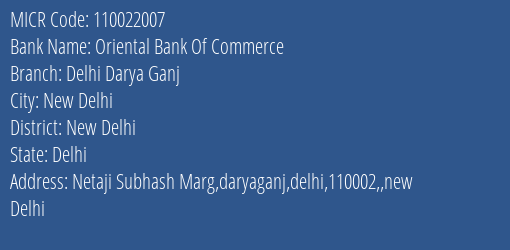 Oriental Bank Of Commerce Delhi Darya Ganj MICR Code