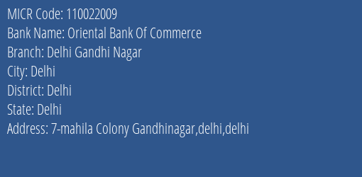 Oriental Bank Of Commerce Delhi Gandhi Nagar MICR Code