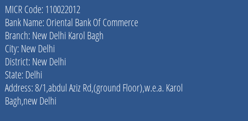 Oriental Bank Of Commerce New Delhi Karol Bagh MICR Code