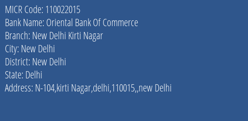 Oriental Bank Of Commerce New Delhi Kirti Nagar MICR Code