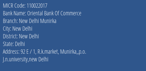 Oriental Bank Of Commerce New Delhi Munirka MICR Code