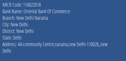 Oriental Bank Of Commerce New Delhi Naraina MICR Code