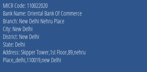 Oriental Bank Of Commerce New Delhi Nehru Place MICR Code