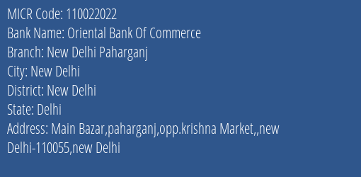 Oriental Bank Of Commerce New Delhi Paharganj MICR Code