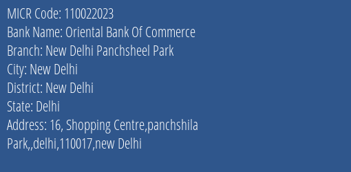 Oriental Bank Of Commerce New Delhi Panchsheel Park MICR Code