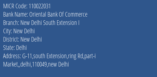 Oriental Bank Of Commerce New Delhi South Extension I MICR Code