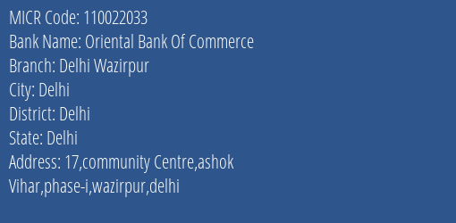Oriental Bank Of Commerce Delhi Wazirpur MICR Code