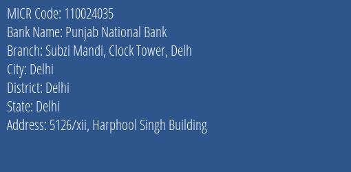 Punjab National Bank Subzi Mandi Clock Tower Delh Branch Address Details and MICR Code 110024035