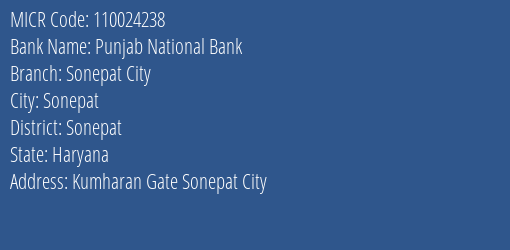 Punjab National Bank Sonepat City Branch Address Details and MICR Code 110024238