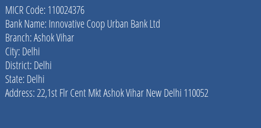 Innovative Coop Urban Bank Ltd Ashok Vihar MICR Code