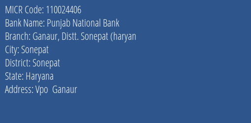 Punjab National Bank Ganaur Distt. Sonepat Haryan Branch Address Details and MICR Code 110024406