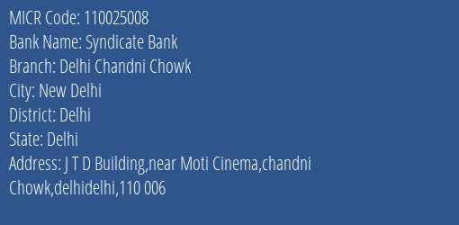 Syndicate Bank Delhi Chandni Chowk Branch Address Details and MICR Code 110025008