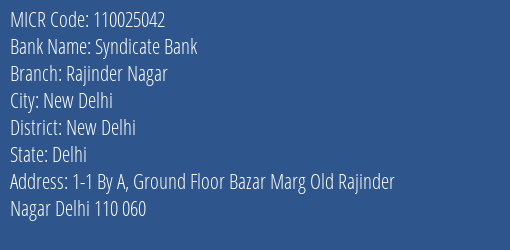 Syndicate Bank Rajinder Nagar MICR Code