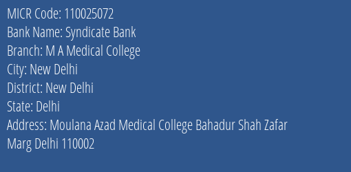Syndicate Bank M A Medical College MICR Code