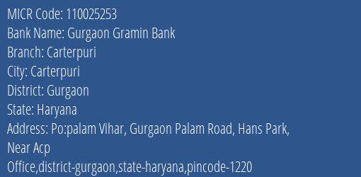 Gurgaon Gramin Bank Carterpuri MICR Code