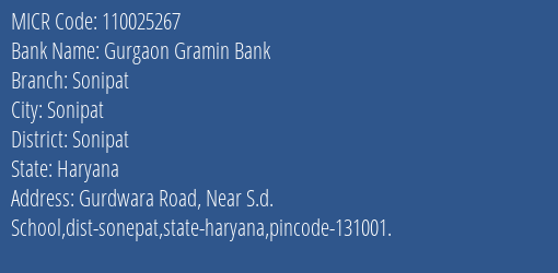 Gurgaon Gramin Bank Sonipat MICR Code
