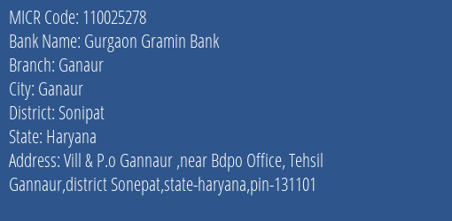 Gurgaon Gramin Bank Ganaur MICR Code