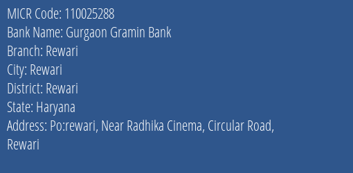 Gurgaon Gramin Bank Rewari MICR Code