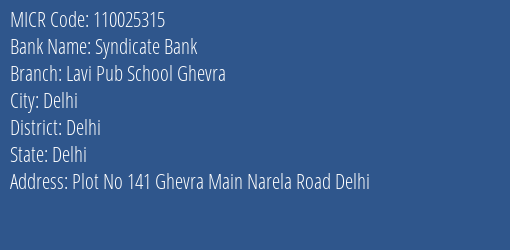 Syndicate Bank Lavi Pub School Ghevra Branch Address Details and MICR Code 110025315